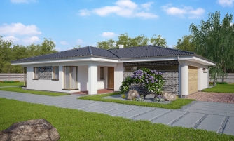 Bungalow mit L-förmigem Grundriss und Doppelgarage.
